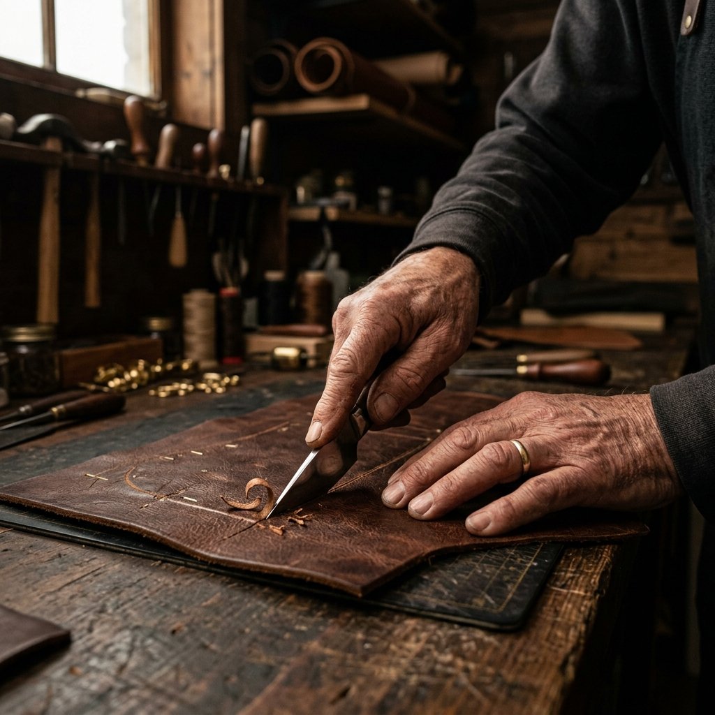 Master artisan cutting leather
